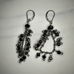 Dangle‎ Chandelier Earrings Black Crystal Beads Sterling Silver Leverback 925